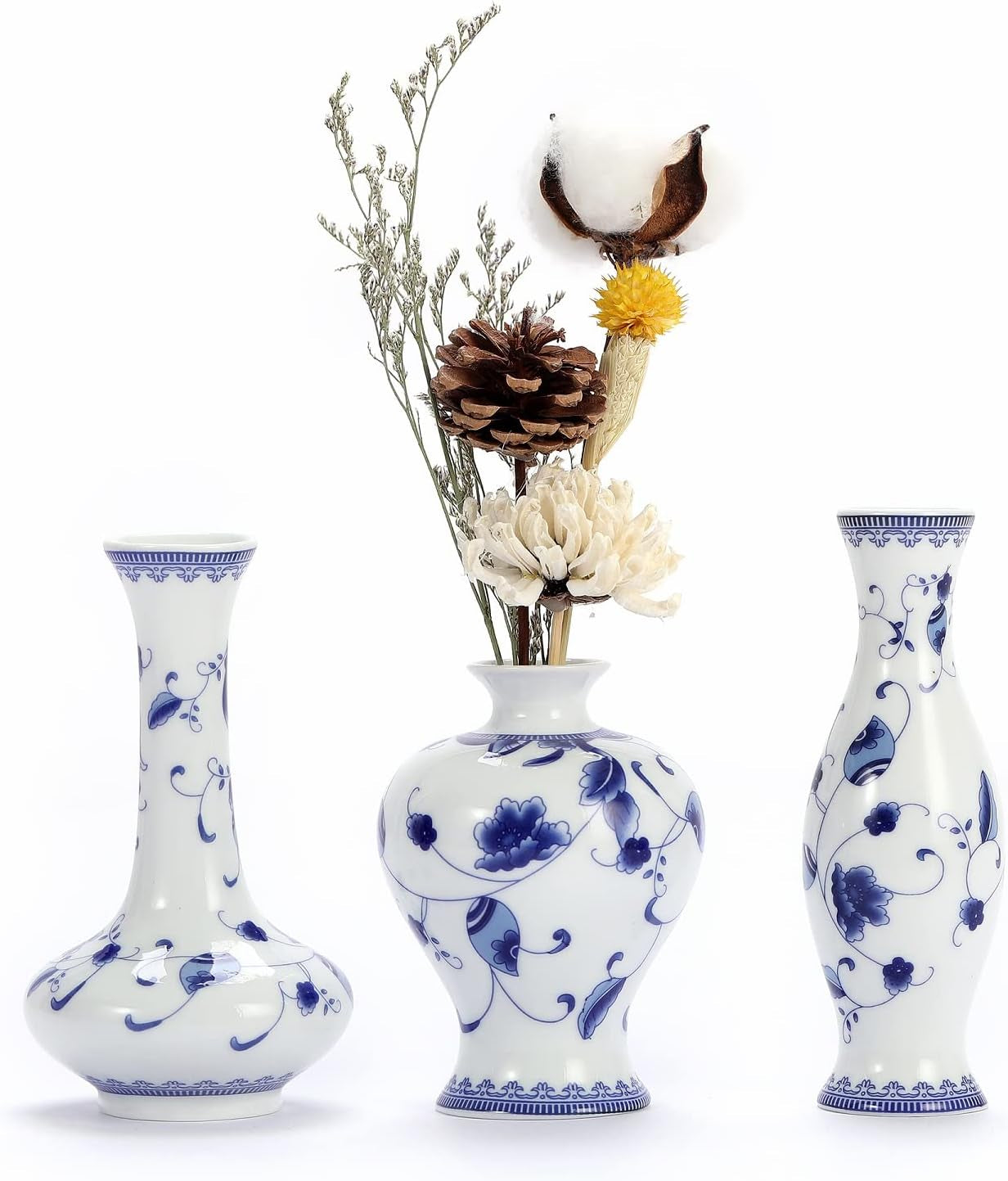 Blue and White Vase Set of 3, Cute Ceramic Bud Vase in Bulk for Farmhouse Table Centerpiece Mini Vintage Vase for Rustic Wedding Decorations, Home Table Flower Decor