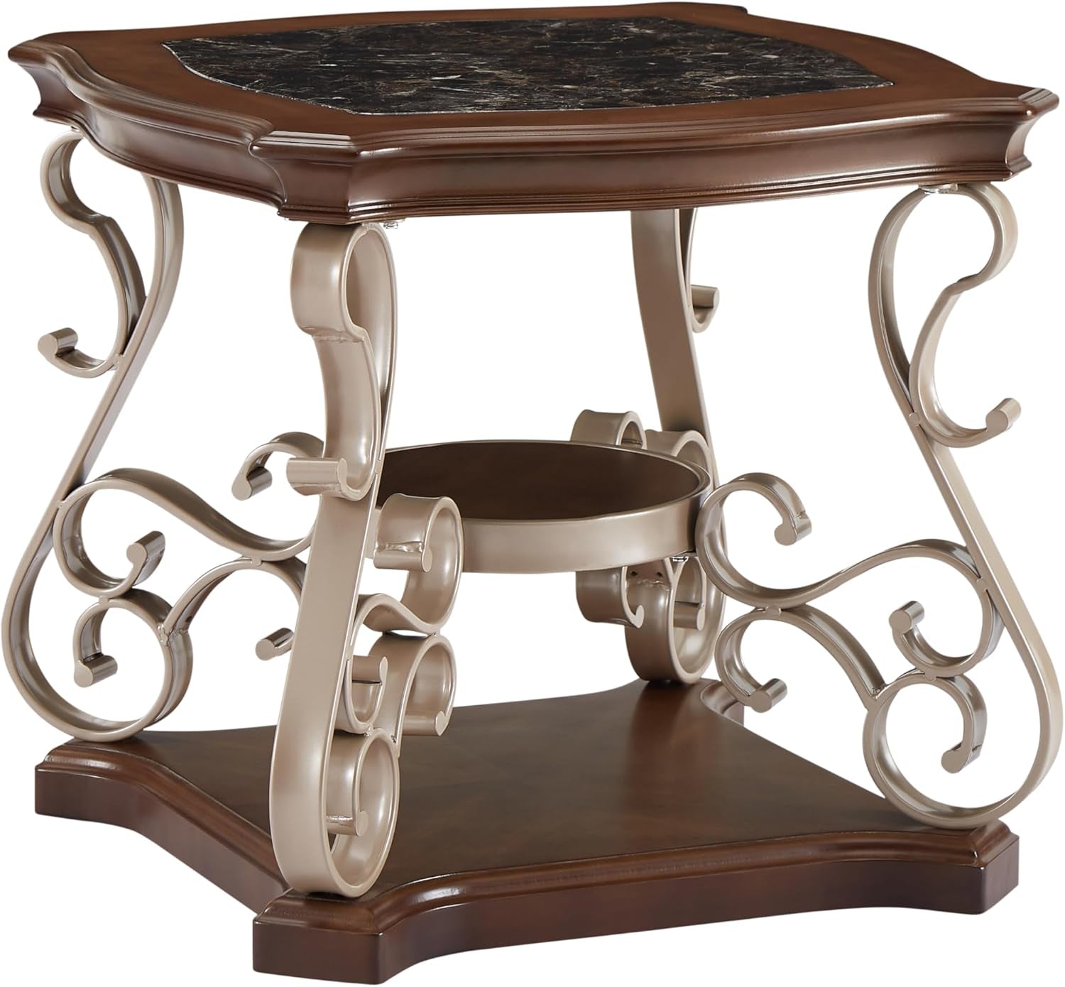 Ssline Traditional Vintage 3-Tier Sofa Console Table with Tempered Glass Table Top,Wood Accent Side Table with Marble Paper Middle Shelf,Hall Table for Living Room Bedroom Entryway