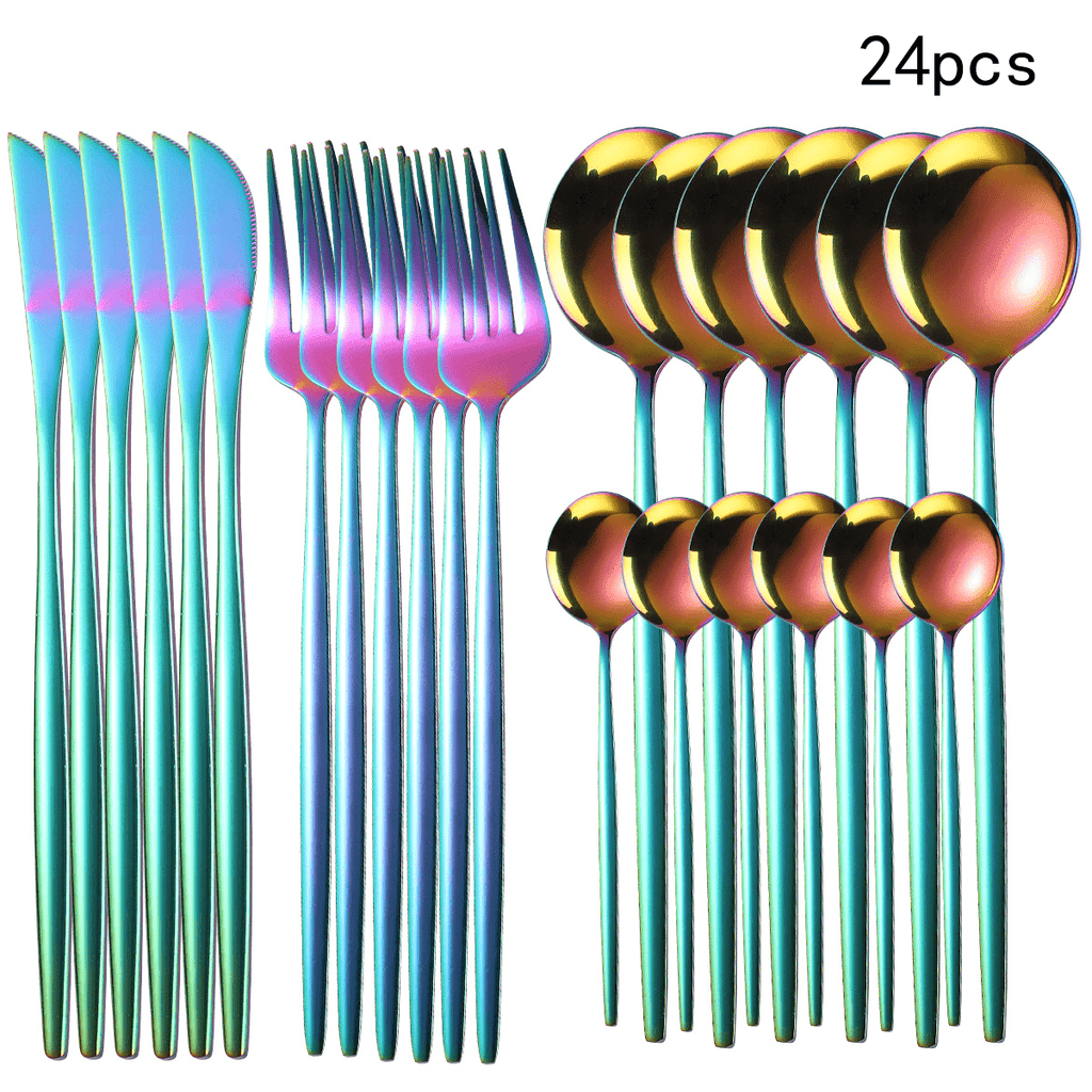 Set of 24 colorful forks and spoons on a white background