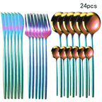 Set of 24 colorful forks and spoons on a white background