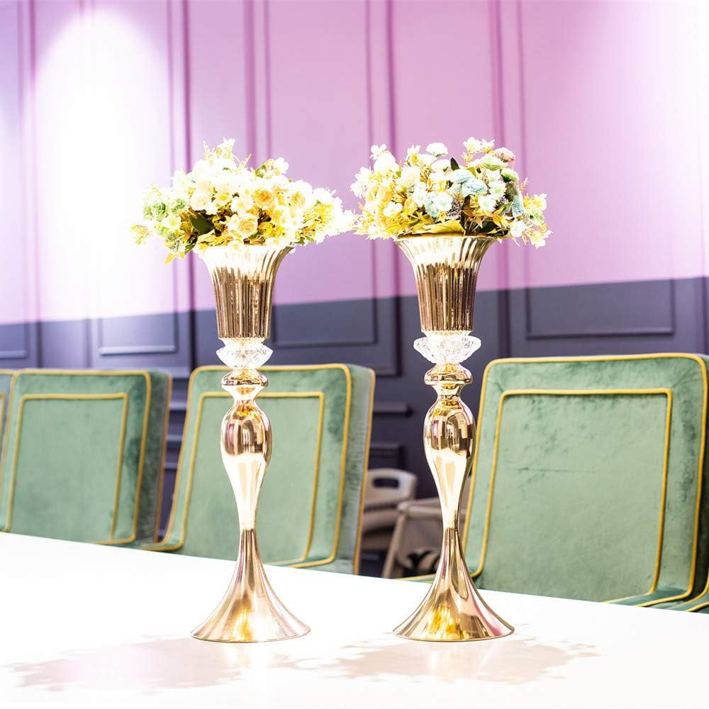 Gold Metal Trumpet Wedding Flower Vases – 22" Tall Elegant Centerpiece Stands, Luxury Floral Arrangement Vases for Weddings, Events & Home Décor (Set of 2)