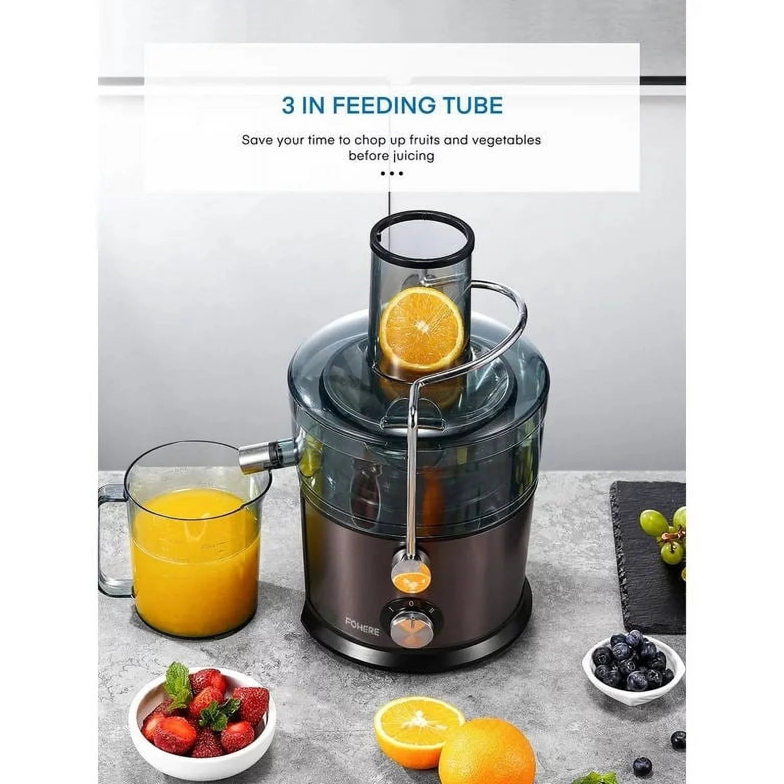 Juicer Machines FOHERE, Max 1200W Centrifugal Juicer Extractor with 3-Inch Wide Feed Chute & Anti-Drip for Fruit and Vegetable, Stainless Steel, 800W
