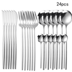 Set of 24 stainless steel cutlery including knives, forks, and spoons on a white background.