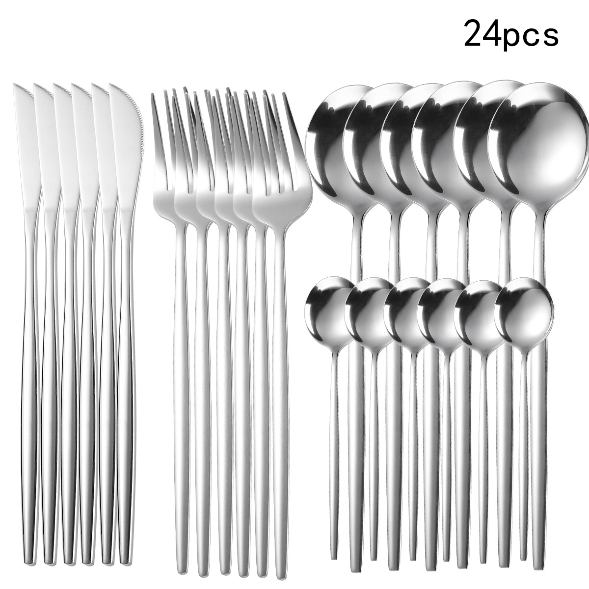 Set of 24 stainless steel cutlery including knives, forks, and spoons on a white background.
