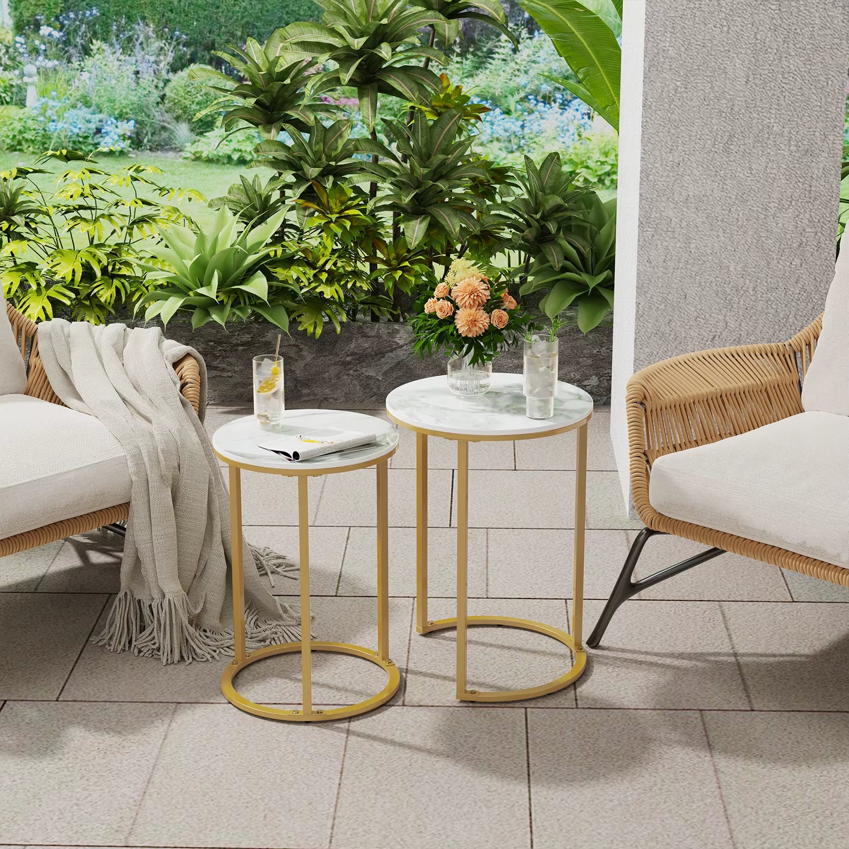 Set of 2 Sintered Stone round Metal Base Nesting Set Side Accent Table Living Room Storage Small End Table