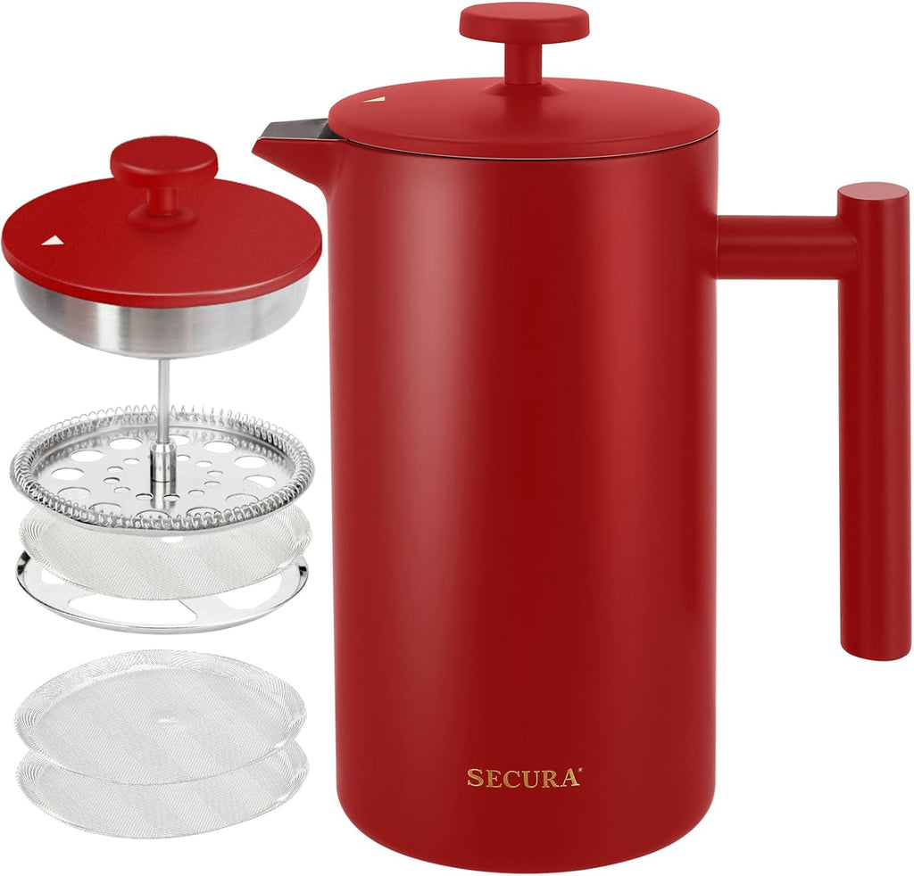 Secura French Press Coffee Maker, 304 Grade Stainless Steel Insulated Coffee Press with 2 Extra Screens, 50Oz (1.5 Litre), Silver