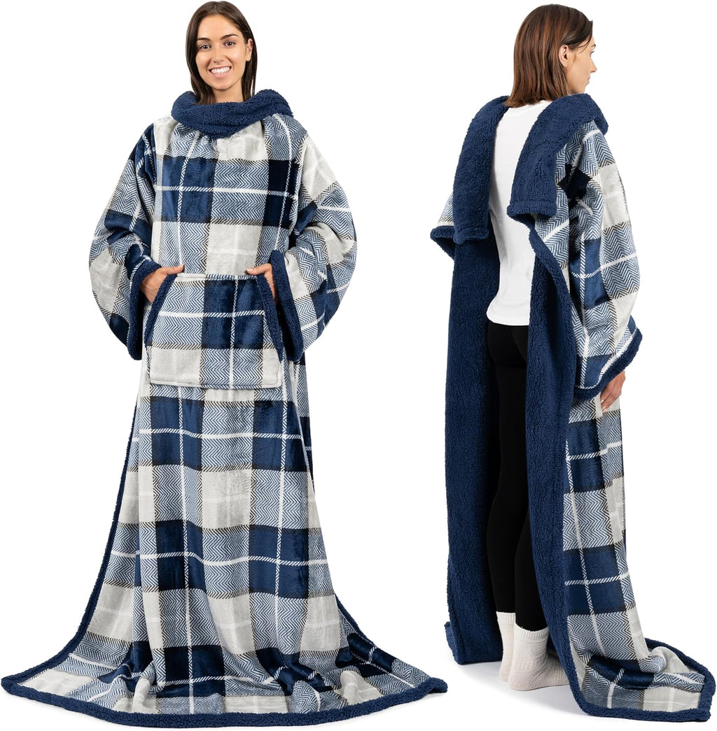 PAVILIA Sherpa Wearable Blanket with Sleeves and Pocket, Plush Thick Cozy Body Blanket Wrap for Adult Women Men, Christmas Gift for Wife Mom, Dark Grey