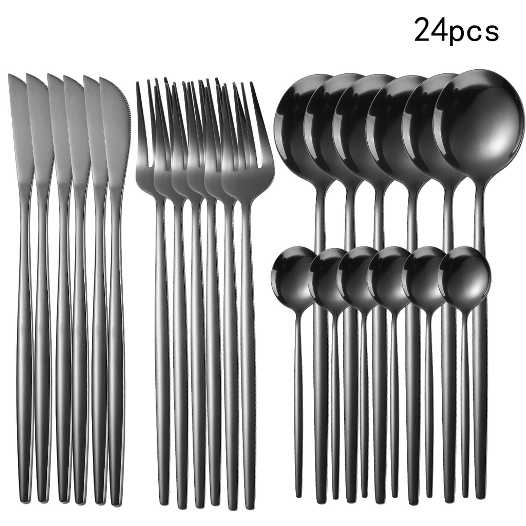 Set of 24 black flatware pieces including knives, forks, and spoons on a white background.