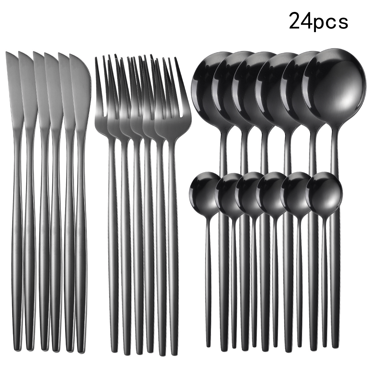 Set of 24 black flatware pieces including knives, forks, and spoons on a white background.