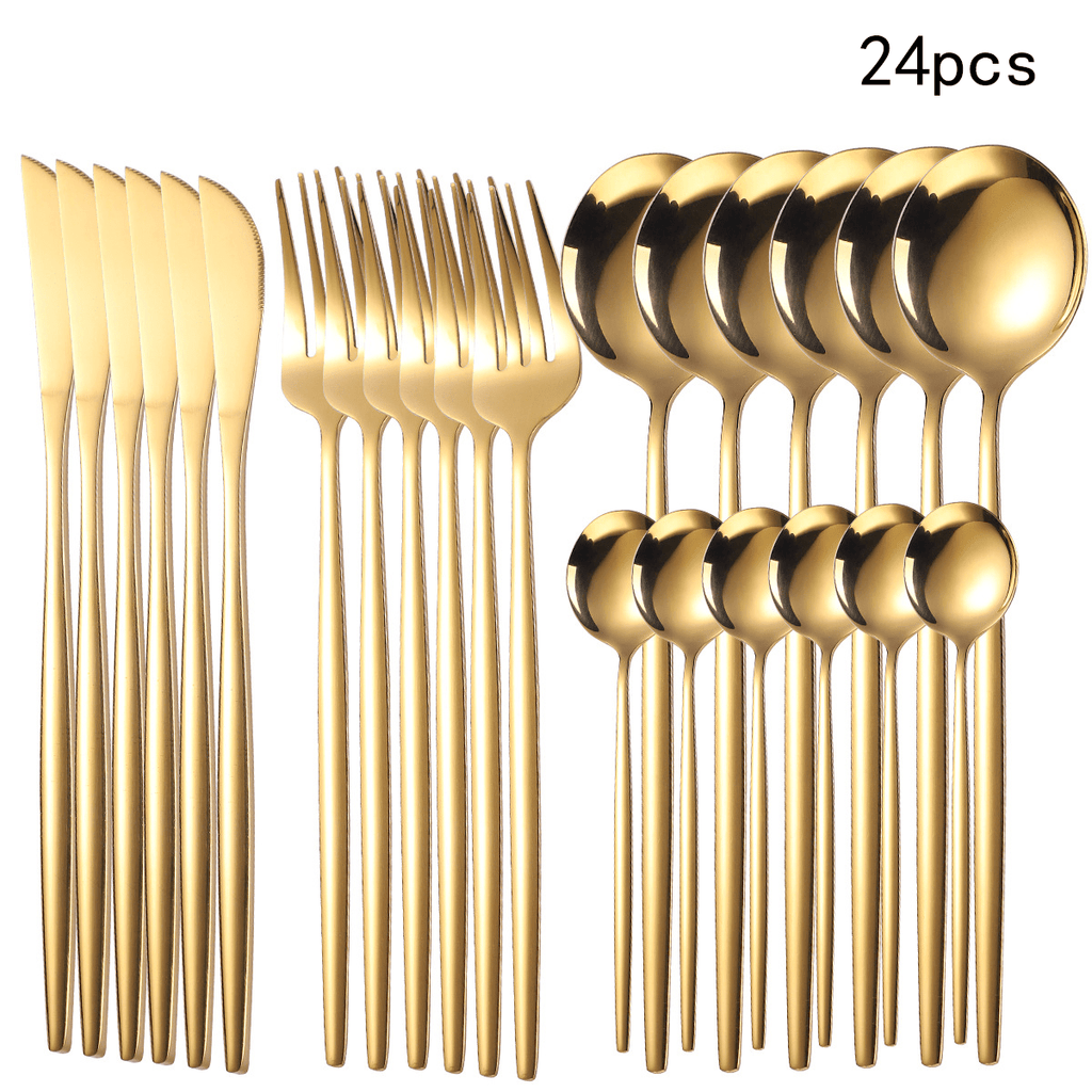 Set of 24 gold-colored cutlery including knives, forks, and spoons on a white background.