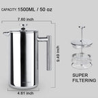 Secura French Press Coffee Maker, 304 Grade Stainless Steel Insulated Coffee Press with 2 Extra Screens, 50Oz (1.5 Litre), Silver