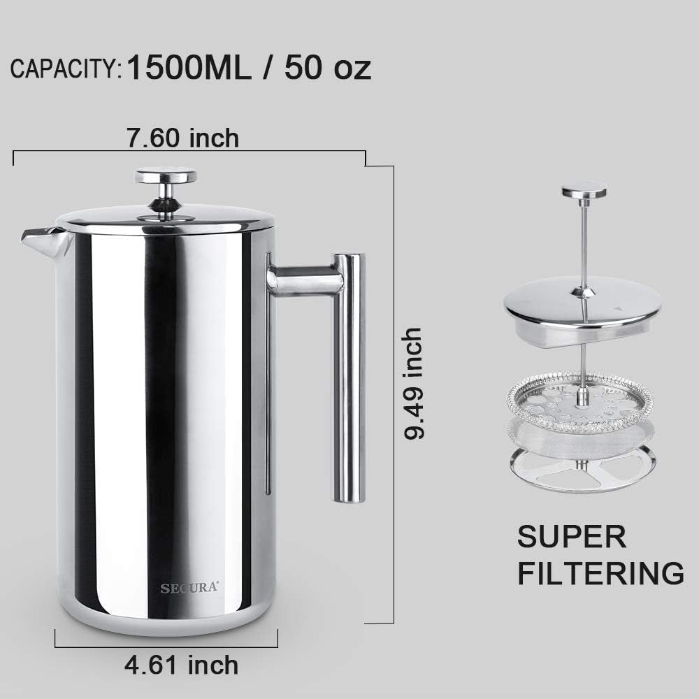 Secura French Press Coffee Maker, 304 Grade Stainless Steel Insulated Coffee Press with 2 Extra Screens, 50Oz (1.5 Litre), Silver