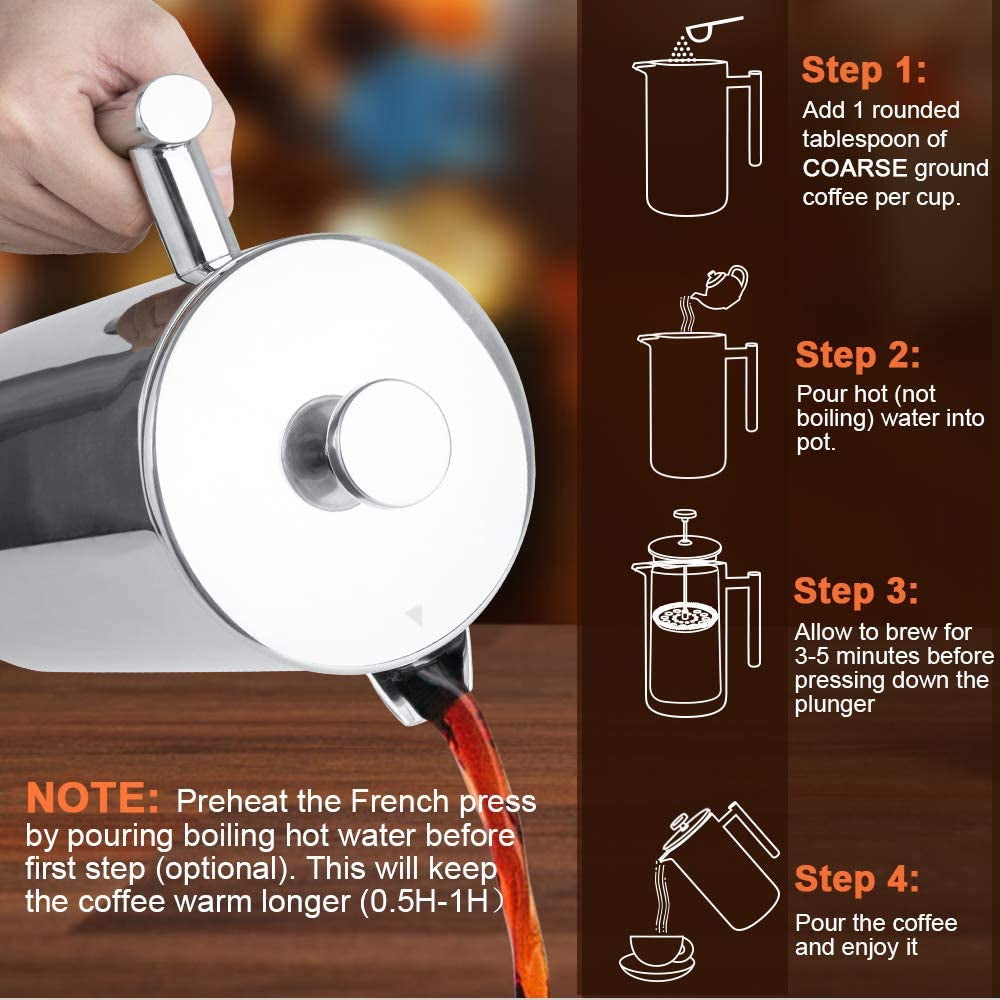 Secura French Press Coffee Maker, 304 Grade Stainless Steel Insulated Coffee Press with 2 Extra Screens, 50Oz (1.5 Litre), Silver