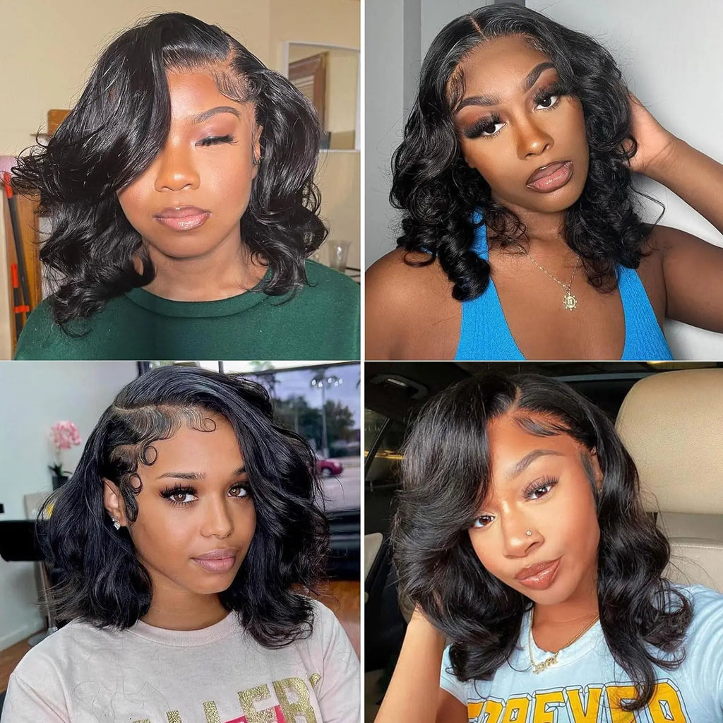 Four images of a woman with styled hair in different settings.