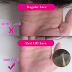 Comparison of regular lace, other lace, real HD lace, and 'our lace' with a close-up of 'our lace'.