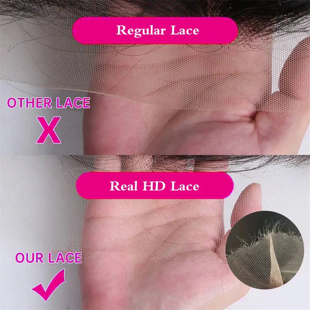 Comparison of regular lace, other lace, real HD lace, and 'our lace' with a close-up of 'our lace'.
