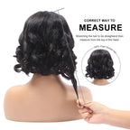 Illustration showing the correct way to measure hair, with a focus on measuring a wig.