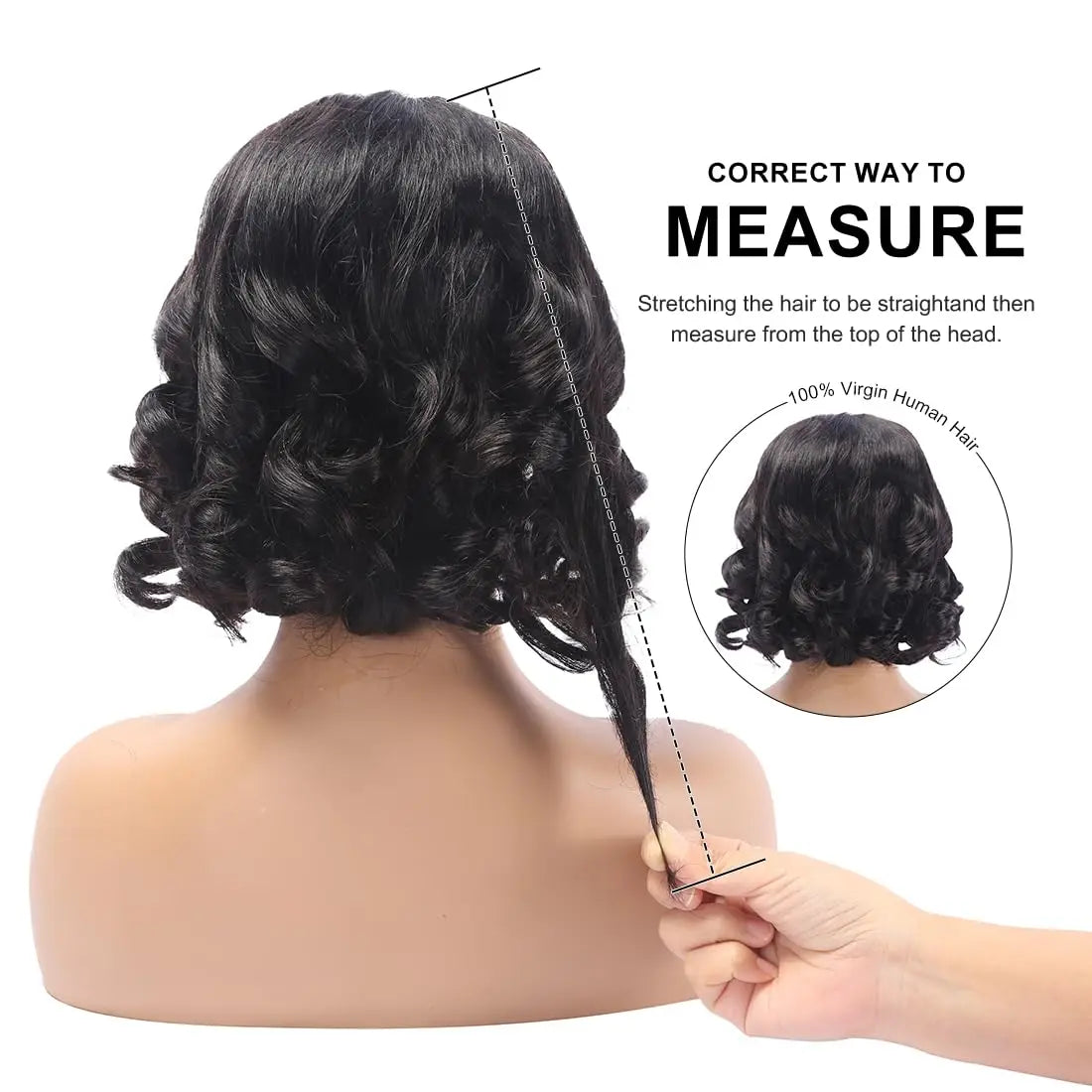 Illustration showing the correct way to measure hair, with a focus on measuring a wig.
