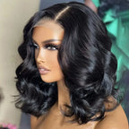 Woman with styled black hair against a blurred background