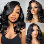 Three images of a woman with styled hair, including a close-up and two views from different angles.