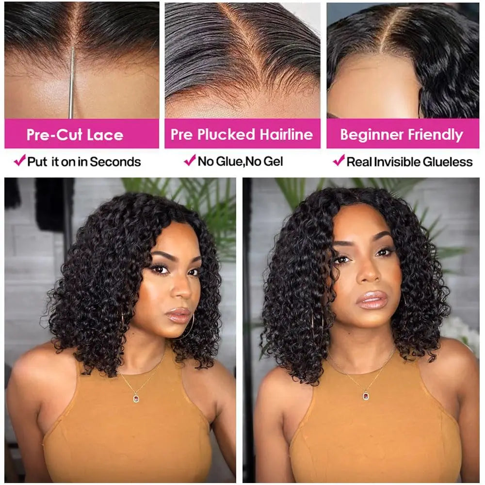 Hairline correction process with pre-cut lace, pre-plucked hairline, and beginner-friendly features, followed by a woman wearing a wig.