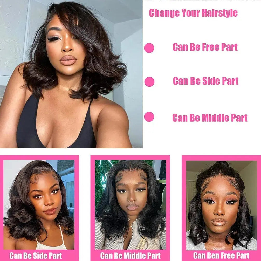 Woman with styled hair and options for parting styles displayed on a white background.