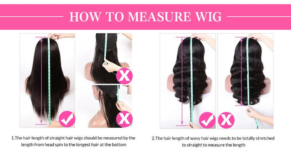 Instructions on how to measure wig length with measurements shown on a pink background.