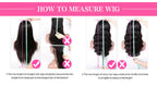 Instructions on how to measure wig length with measurements shown on a pink background.