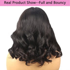 Black wavy hairpiece on a white background with text 'Real Product Show--Full and Bouncy'.