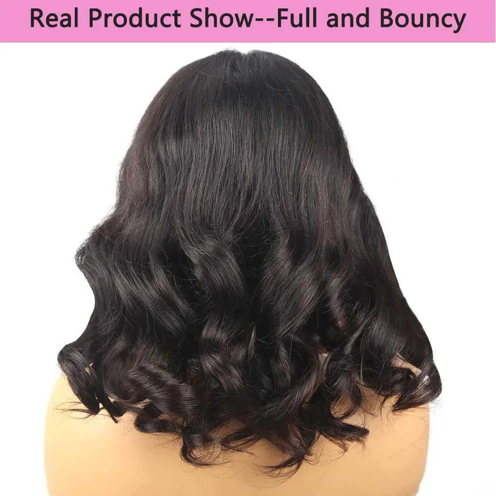 Black wavy hairpiece on a white background with text 'Real Product Show--Full and Bouncy'.