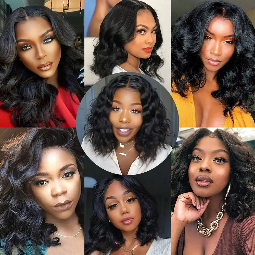 Collage of a woman with styled hair in various poses and outfits.