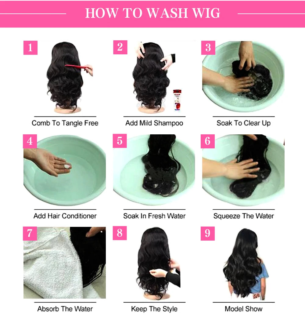 Step-by-step guide on how to wash a wig with images and text instructions.