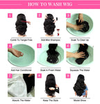 Step-by-step guide on how to wash a wig with images and text instructions.