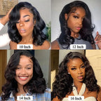Four images of a woman with styled hair, each labeled with different hair length.