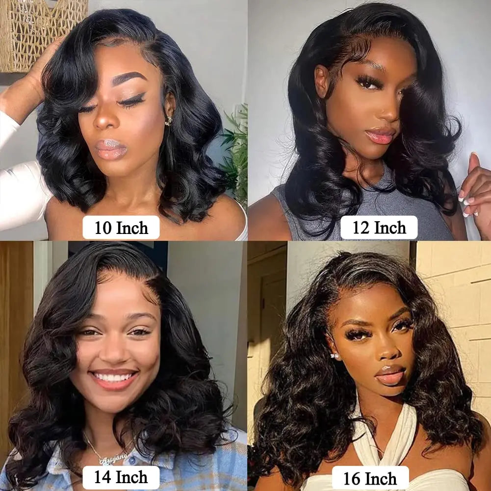 Four images of a woman with styled hair, each labeled with different hair length.