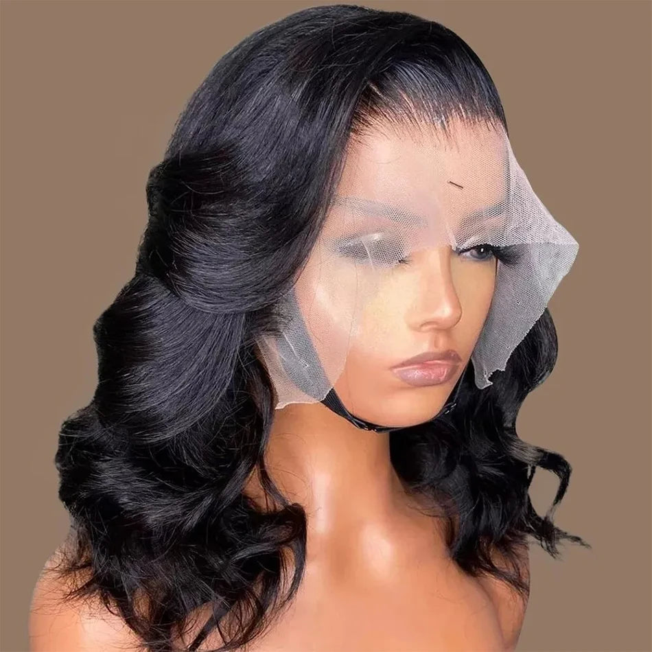 Black wavy wig on a mannequin head with a brown background