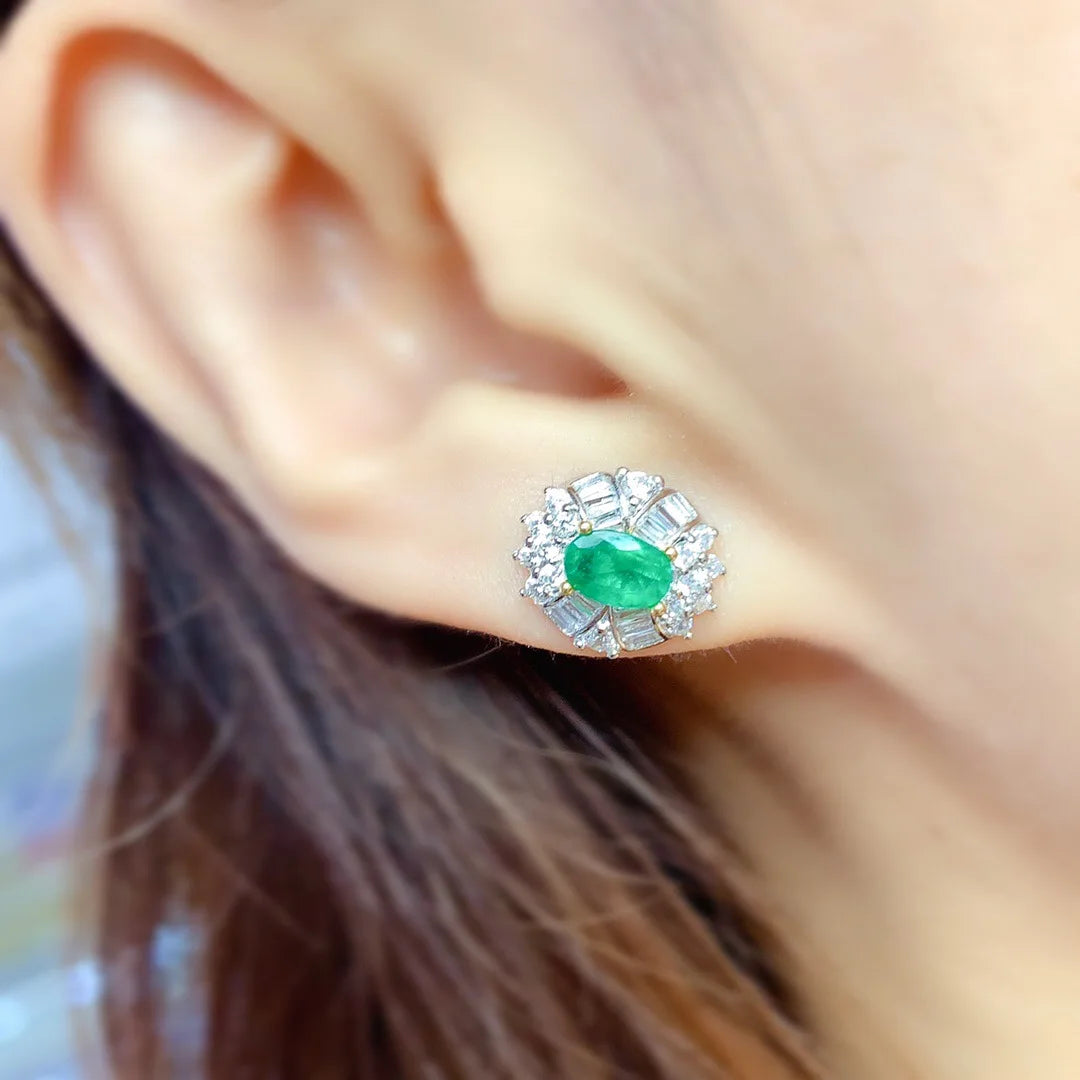 Sterling Silver Real Natural Emerald Stud Earrings