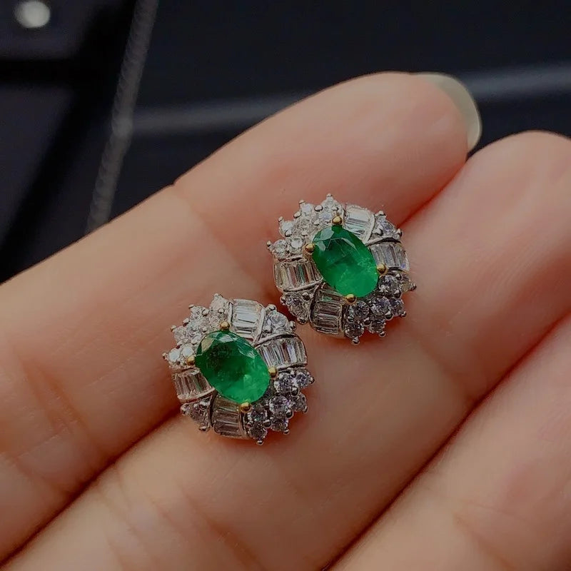 Sterling Silver Real Natural Emerald Stud Earrings