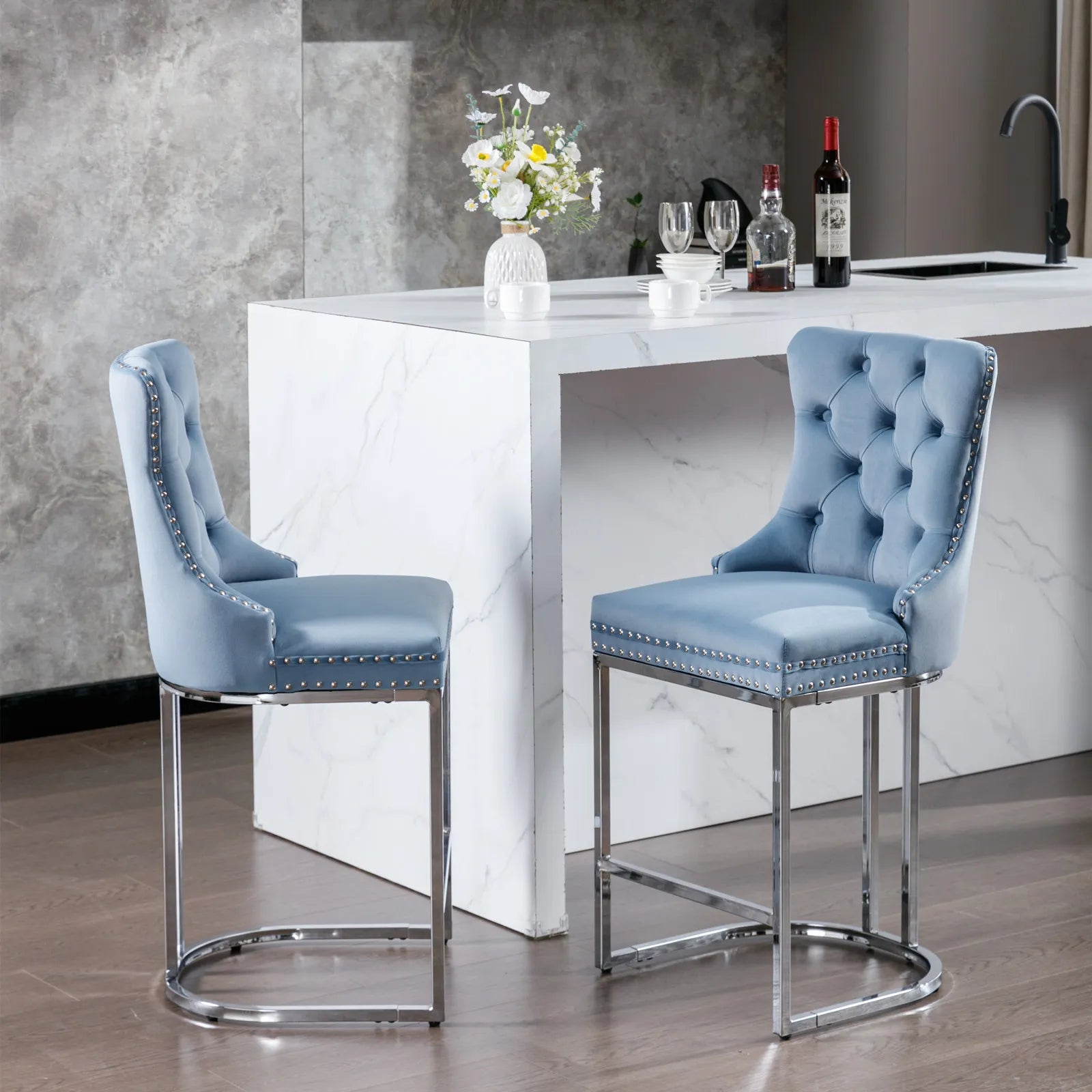 Modern Velvet Counter Height Bar Stools Silk Upholstered Farmhouse Style for Kitchen Island Home Bar Hotels and Bathroom