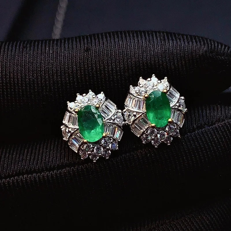 Sterling Silver Real Natural Emerald Stud Earrings