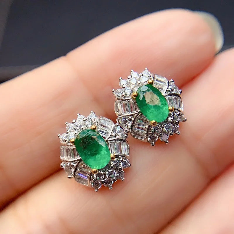 Sterling Silver Real Natural Emerald Stud Earrings