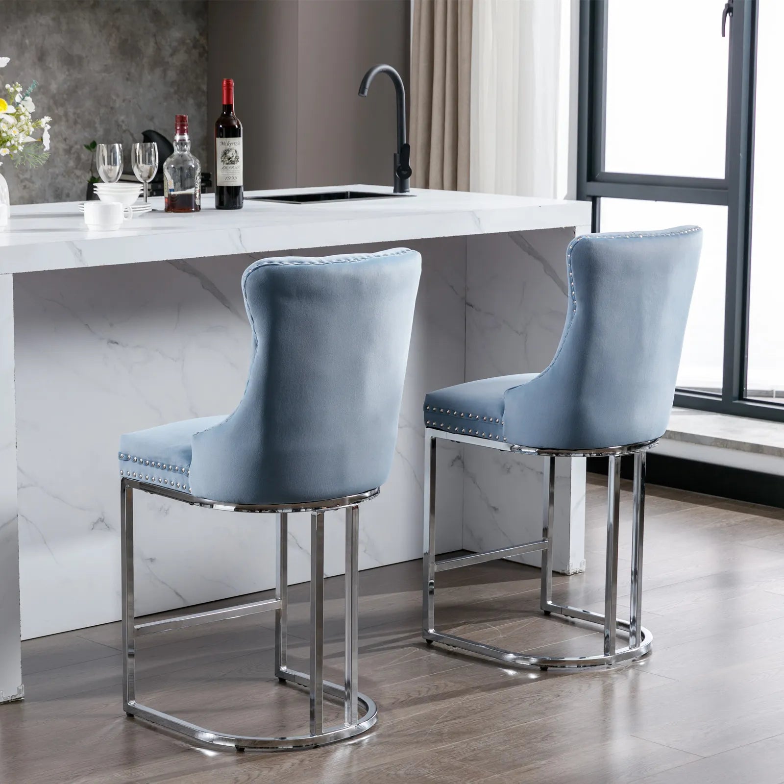 Modern Velvet Counter Height Bar Stools Silk Upholstered Farmhouse Style for Kitchen Island Home Bar Hotels and Bathroom