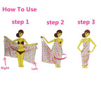 Illustration showing how to use a sarong with steps labeled 'step 1', 'step 2', and 'step 3'.