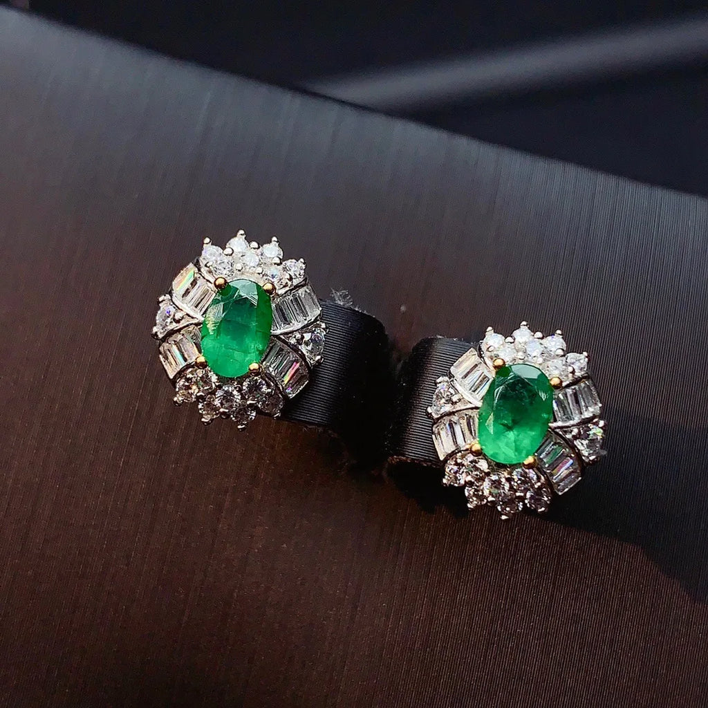 Sterling Silver Real Natural Emerald Stud Earrings