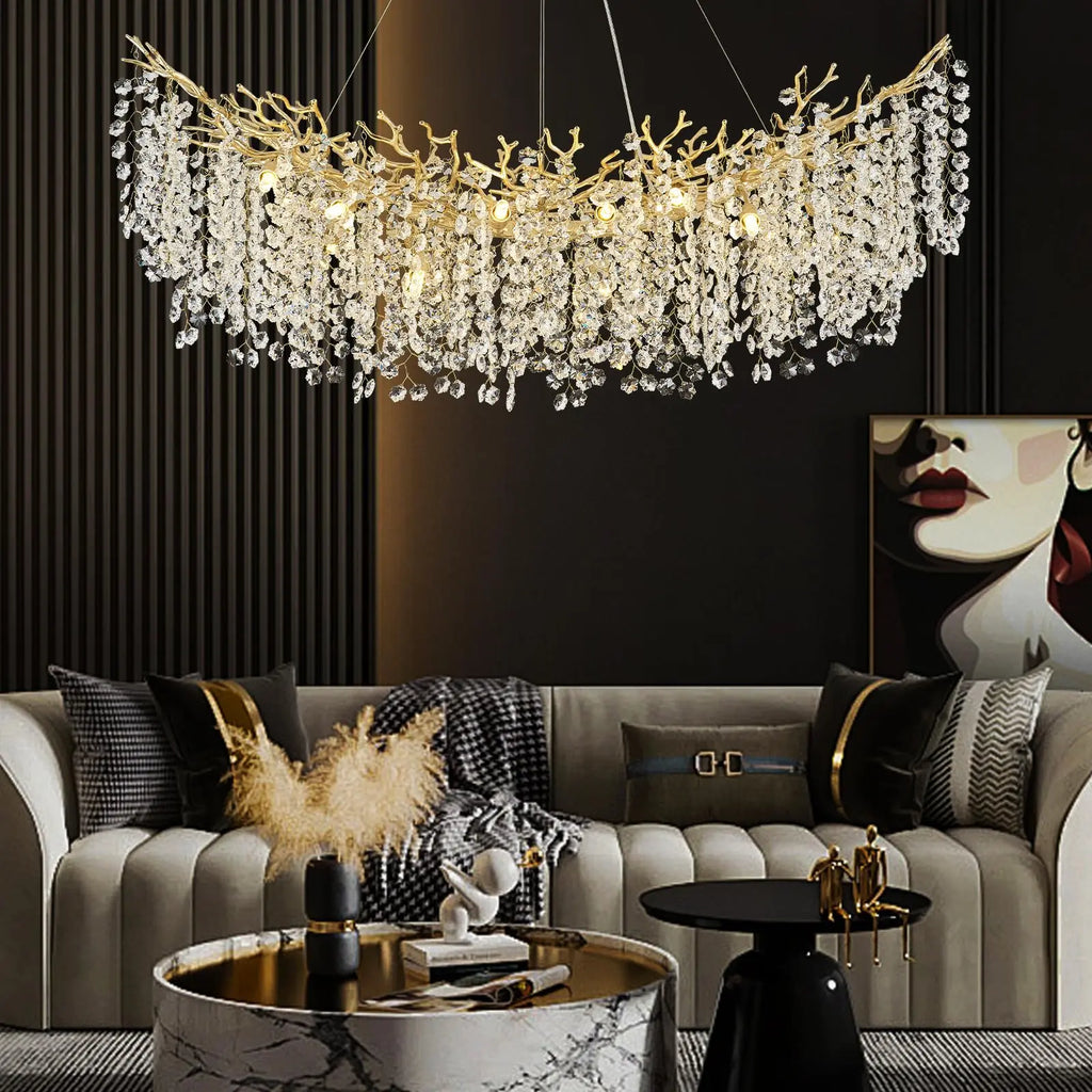 Crystal Chandelier Modern Chandelier Round Farmhouse Tree Branch Light for Dining Room Living Room Kitchen Island Bedroom
