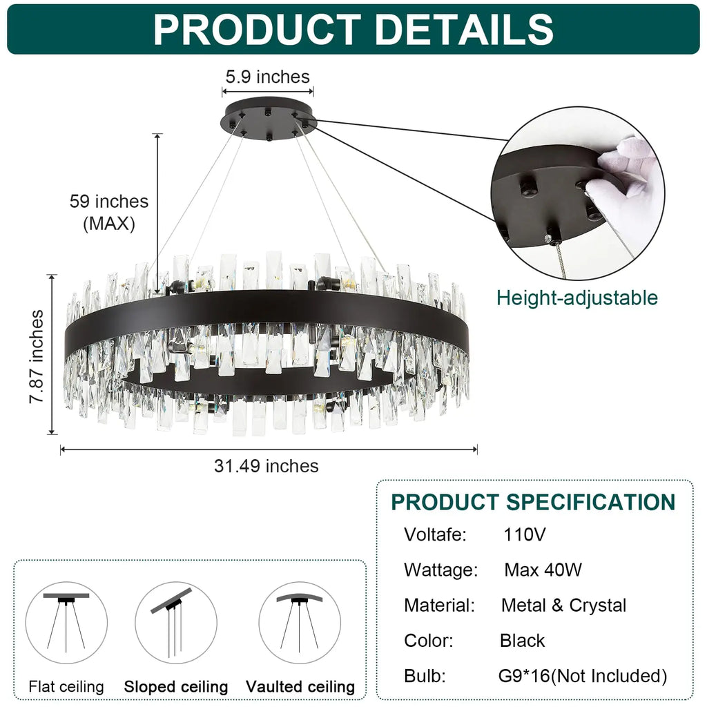 Modern Crystal Chandelier Round Farmhouse K9 Crystal Adjustable Chandeliers for Dining Room Kitchen Island Living Room Bedroom