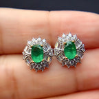 Sterling Silver Real Natural Emerald Stud Earrings