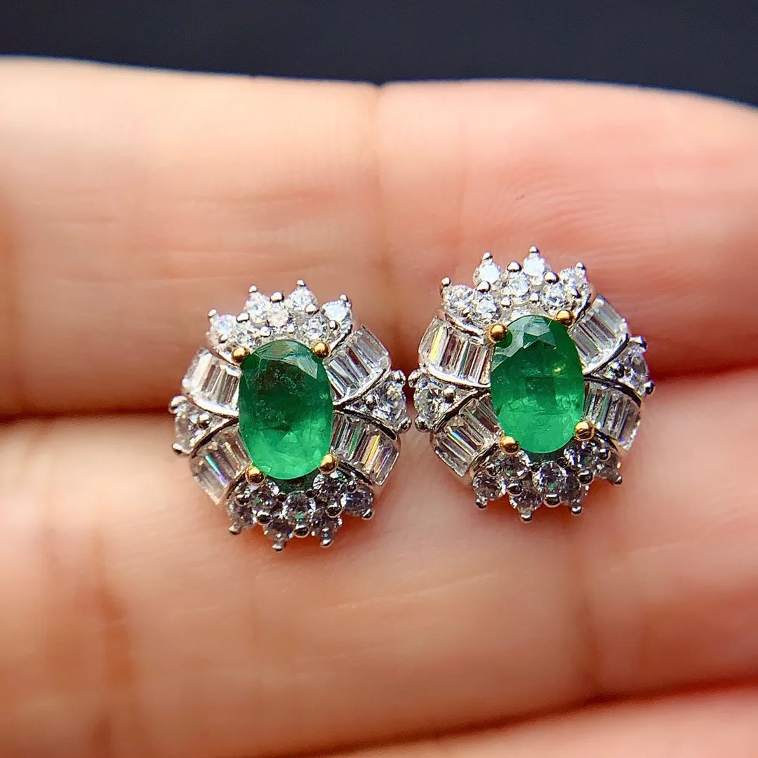 Sterling Silver Real Natural Emerald Stud Earrings