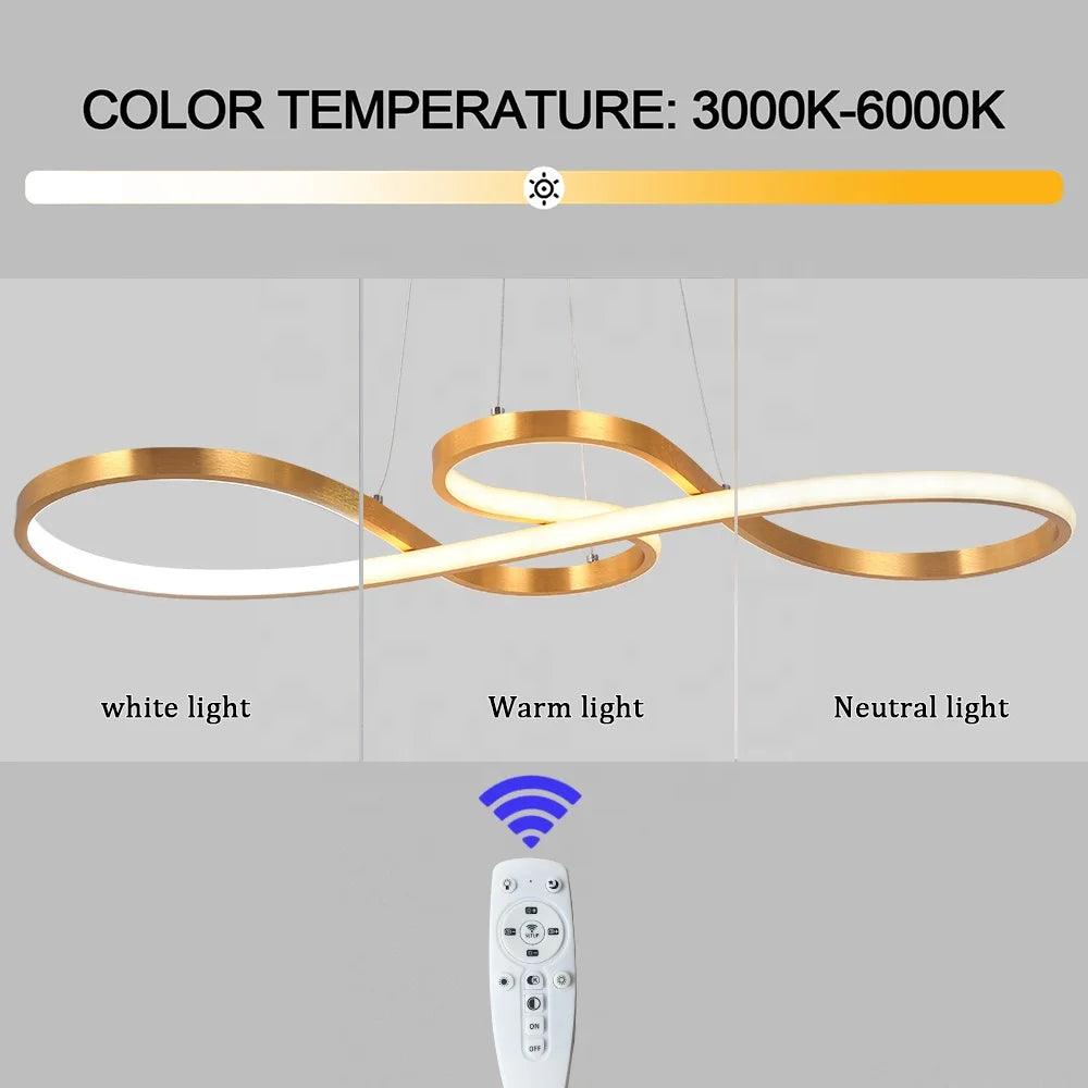 Kitchen Table 50W Led Gold Curved Ceiling Pendant Light With Remote Control