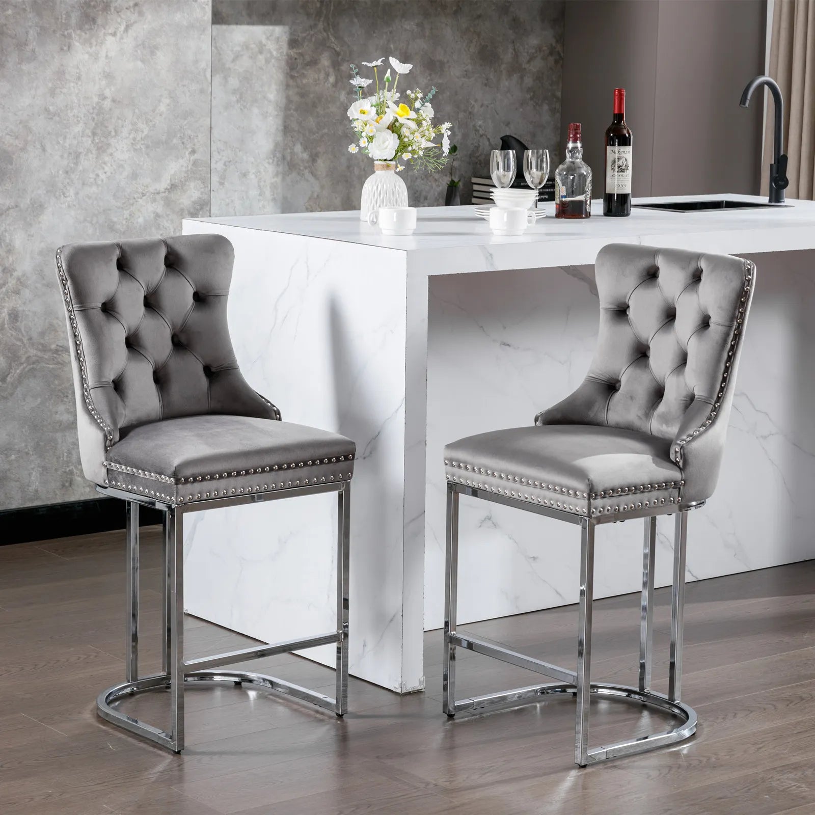 Modern Velvet Counter Height Bar Stools Silk Upholstered Farmhouse Style for Kitchen Island Home Bar Hotels and Bathroom